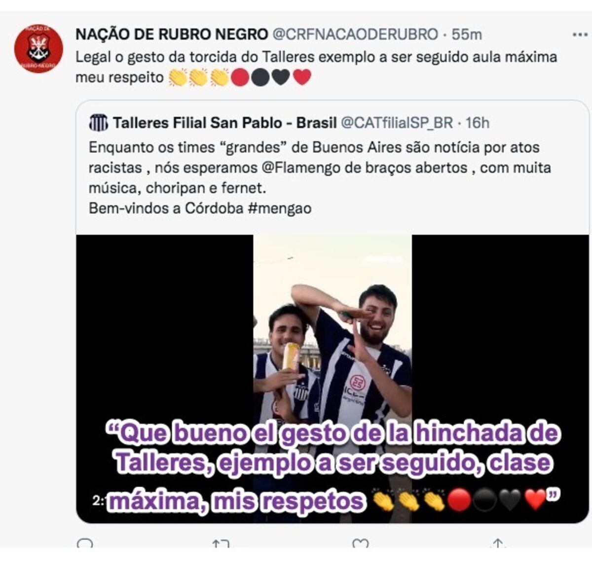 La hinchada de Flamengo elogiando a la de Talleres en redes sociales.