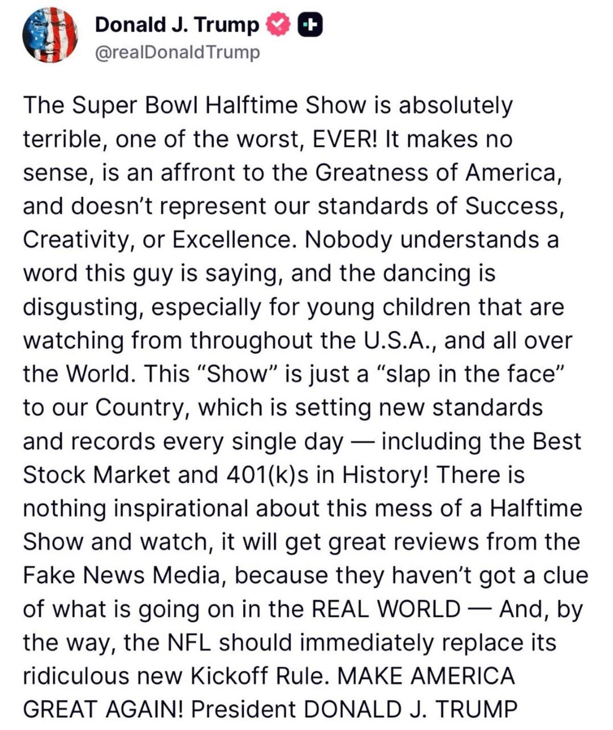 Trump en contra del espectáculo de Bad Bunny en el Super Bowl: “Una falta de respeto para el país”. (Captura)