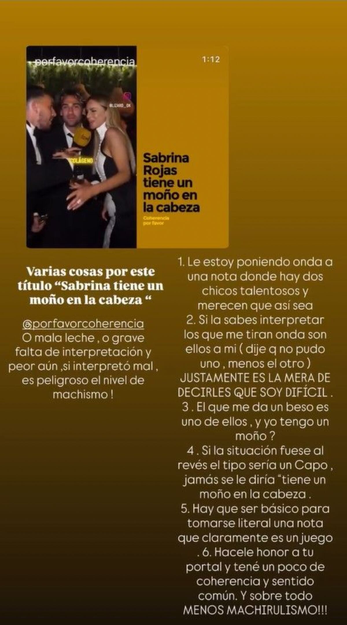 La respuesta de Sabrina Rojas a la publicación de "Coherencia por favor" en su contra. (Foto: Captura de pantalla)