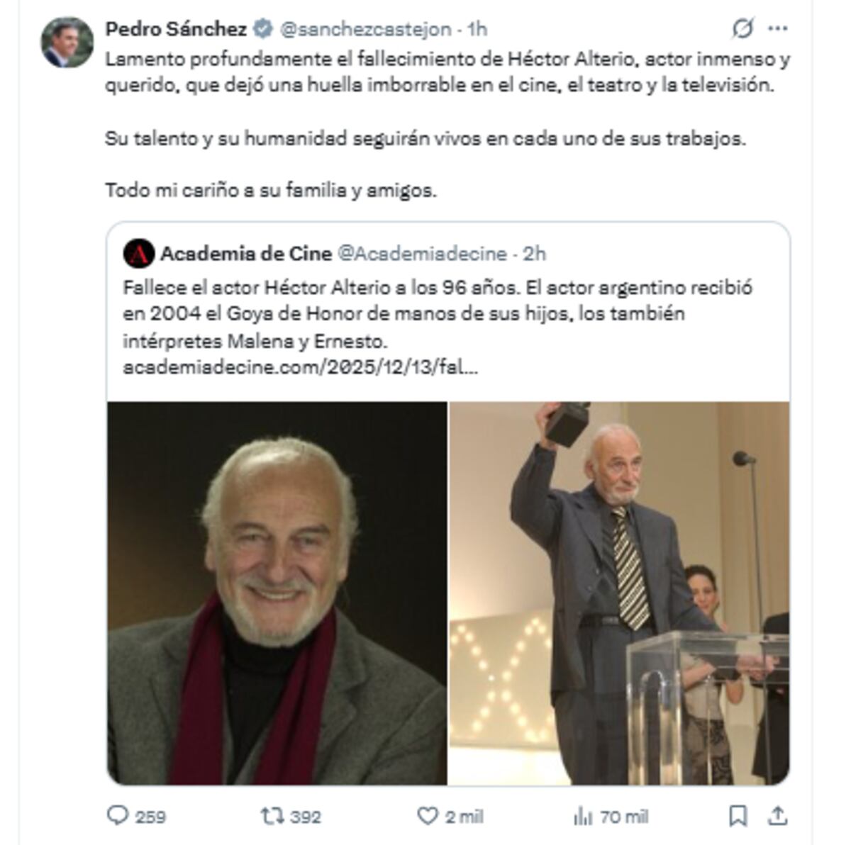 Así despidieron a Héctor Alterio. (X)