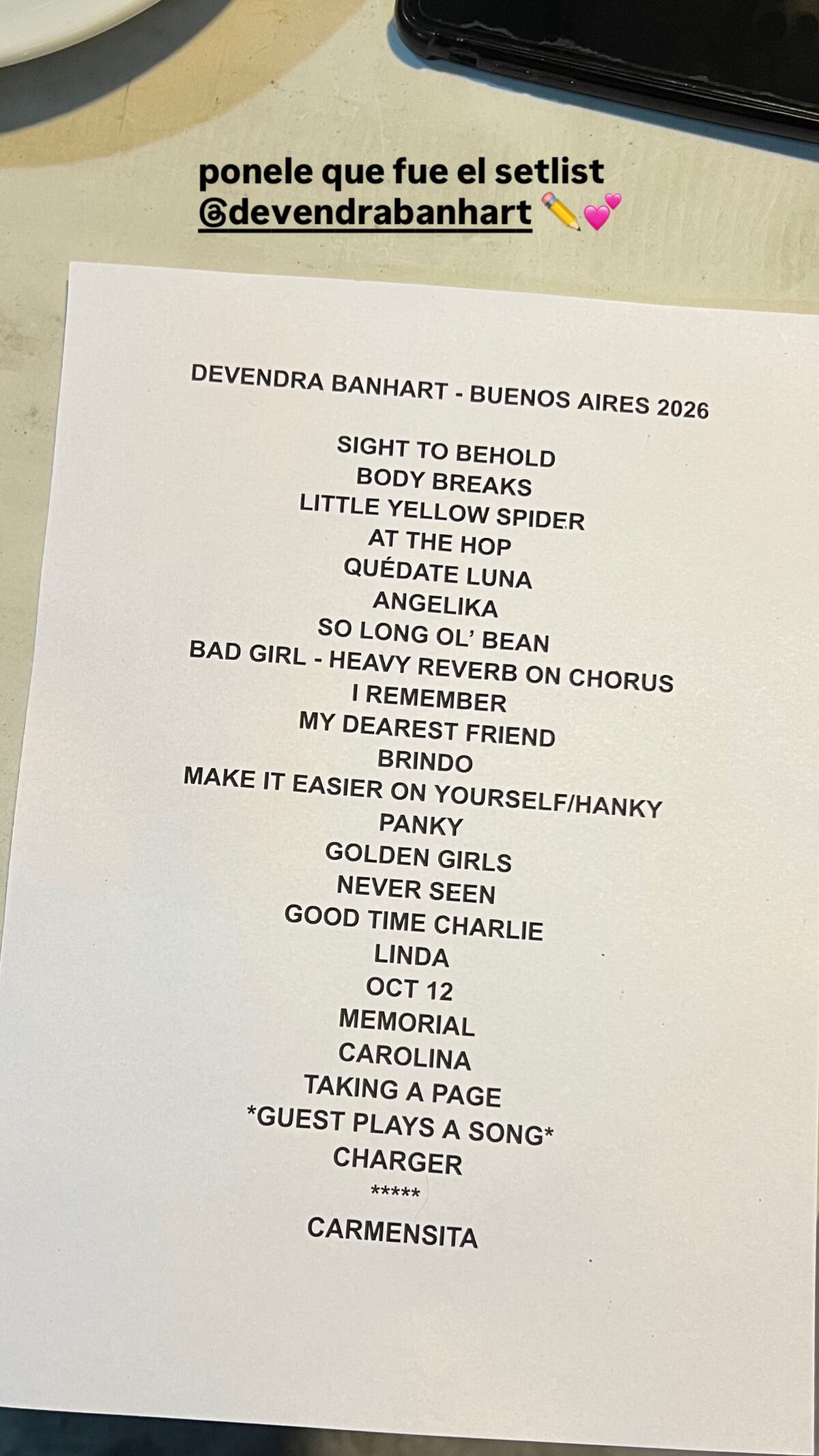 El setlist que Devendra Banhart iba a Buenos Aires. (Foto: Indie Folks)