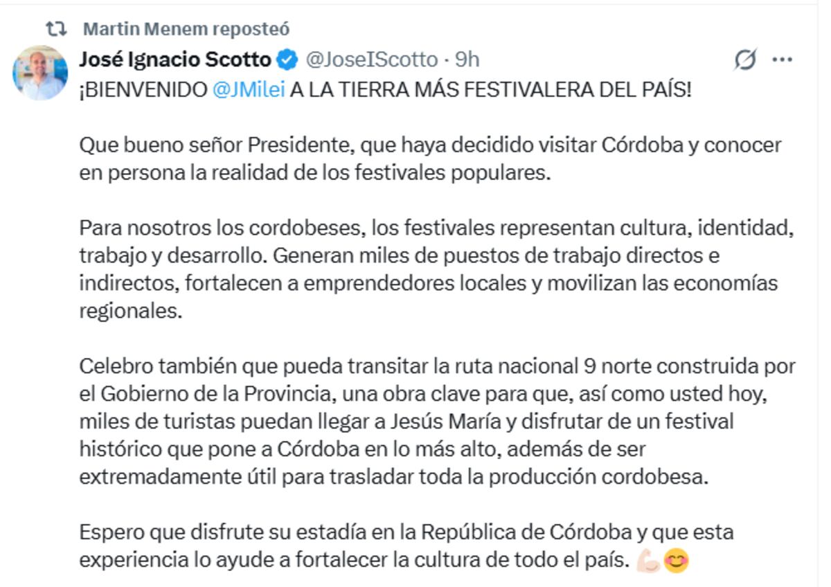 El posteo del llaryorista Scotto replicado por el libertario Menem (Captura de la cuenta de Martín Menem en X).