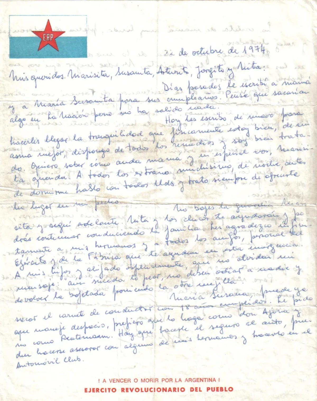 Una carta enviada por Larrabure, desde su sitio de secuestro, a su familia (Familia Larrabure)