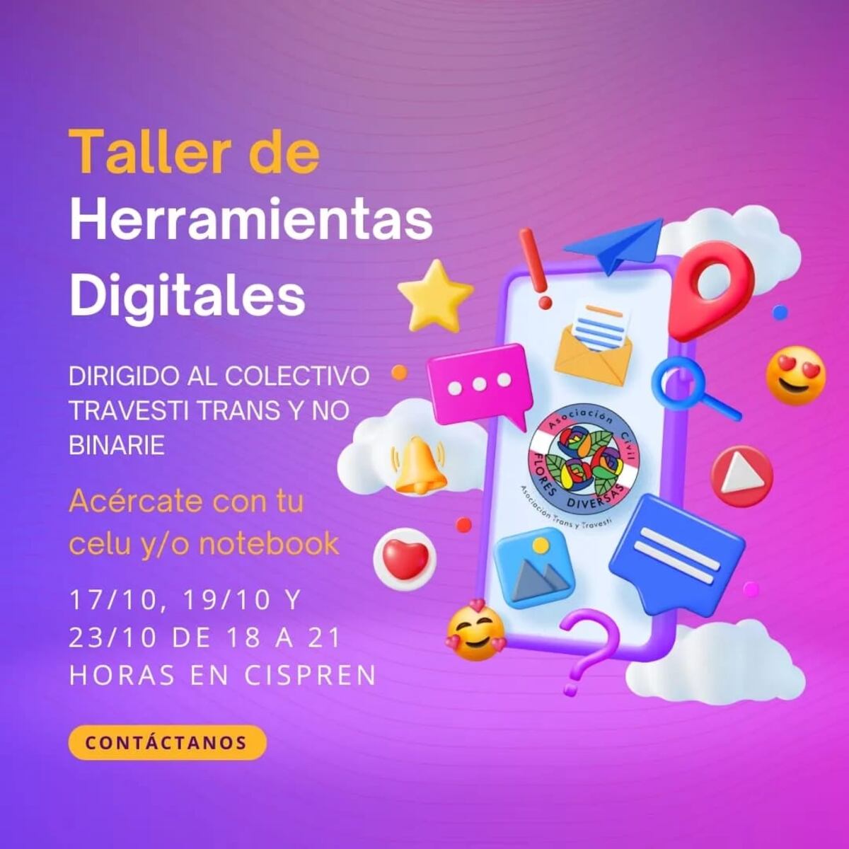TALLER DE HERRAMIENTAS DIGITALES. Está destinado a personas travesti-trans y no binarias.
