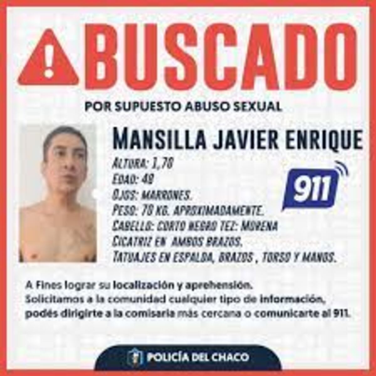 Lo buscan por abuso sexual. (Foto / Policía de Chaco)