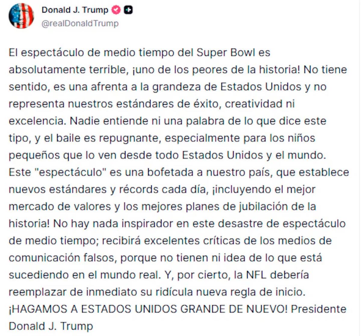 Donald Trump se pronuncia tras el show de medio tiempo de Bad Bunny.