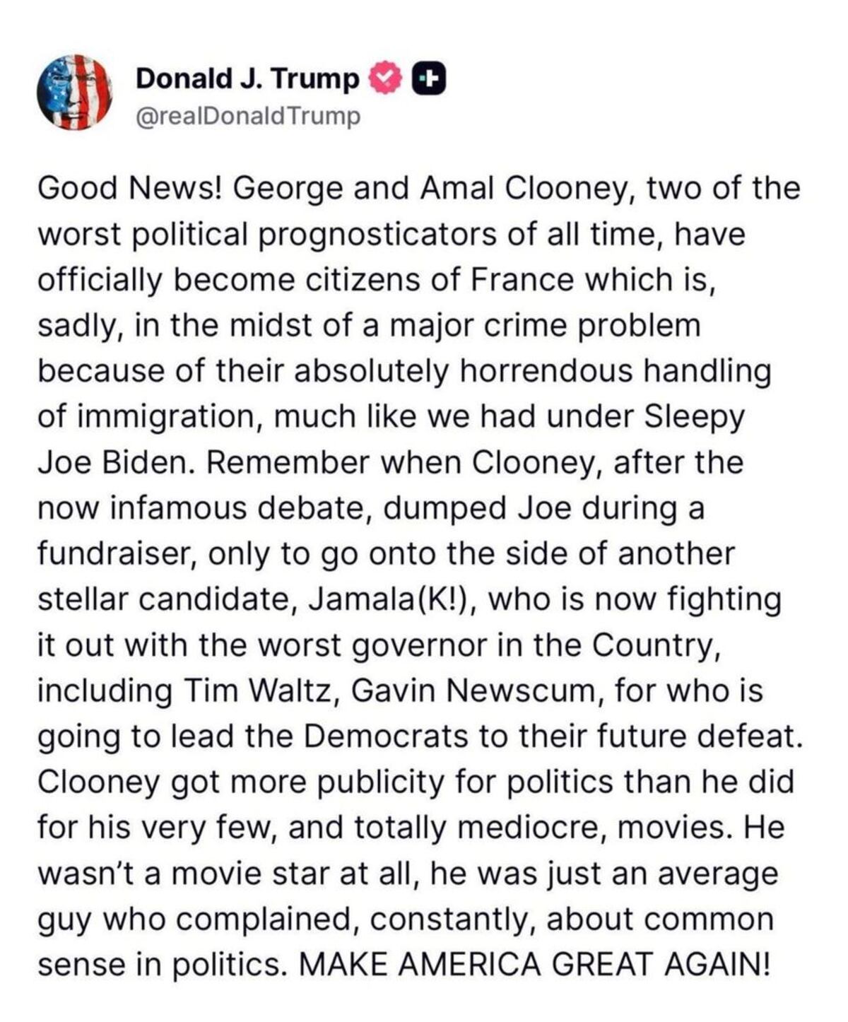 Donald Trump, contra "el francés" George Clooney. (Captura)