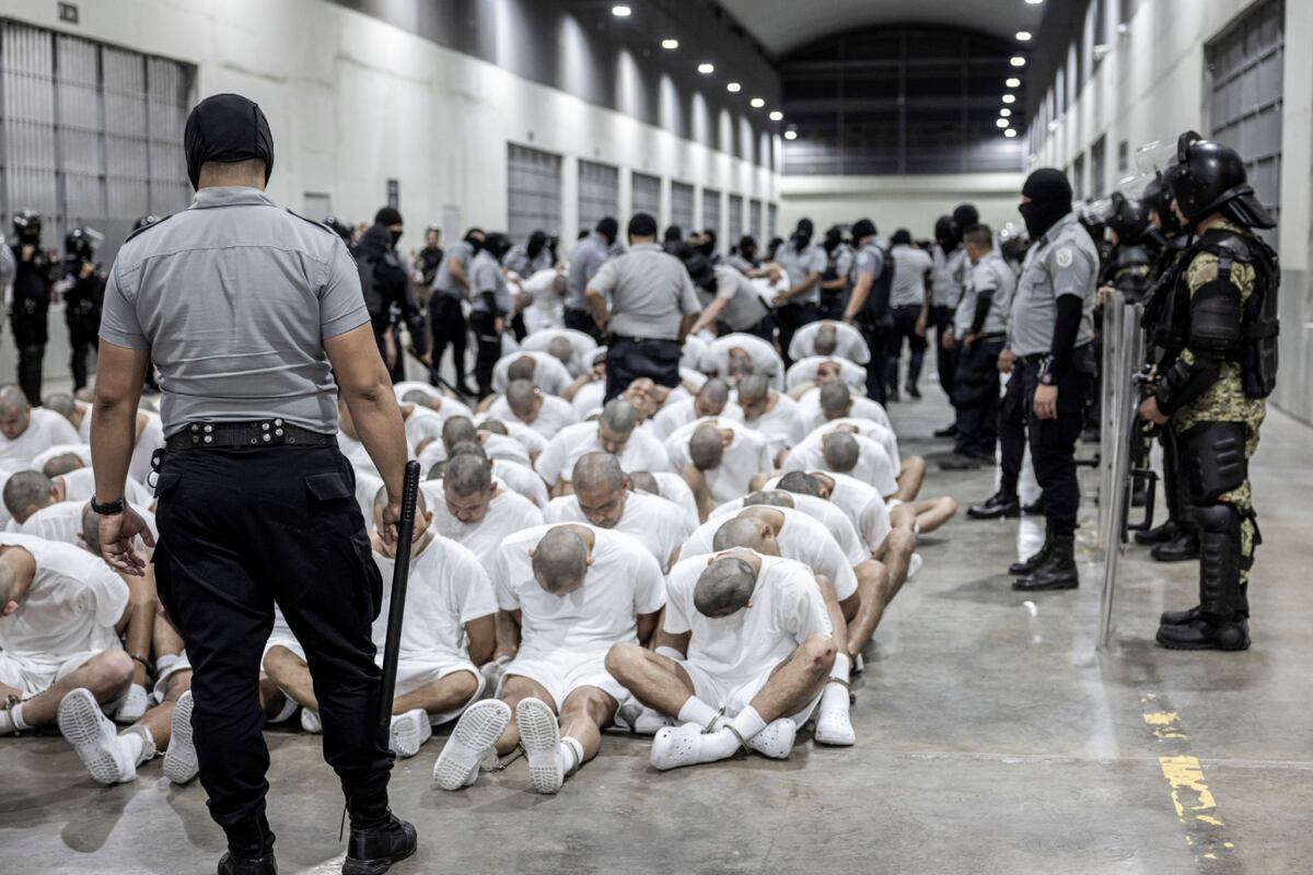 En esta fotografía proporcionada por la oficina de prensa de la presidencia de El Salvador, guardias penitenciarios trasladan a deportados de EE.UU., presuntos pandilleros venezolanos, al Cecot. (Oficina de prensa de la presidencia de El Salvador vía AP)