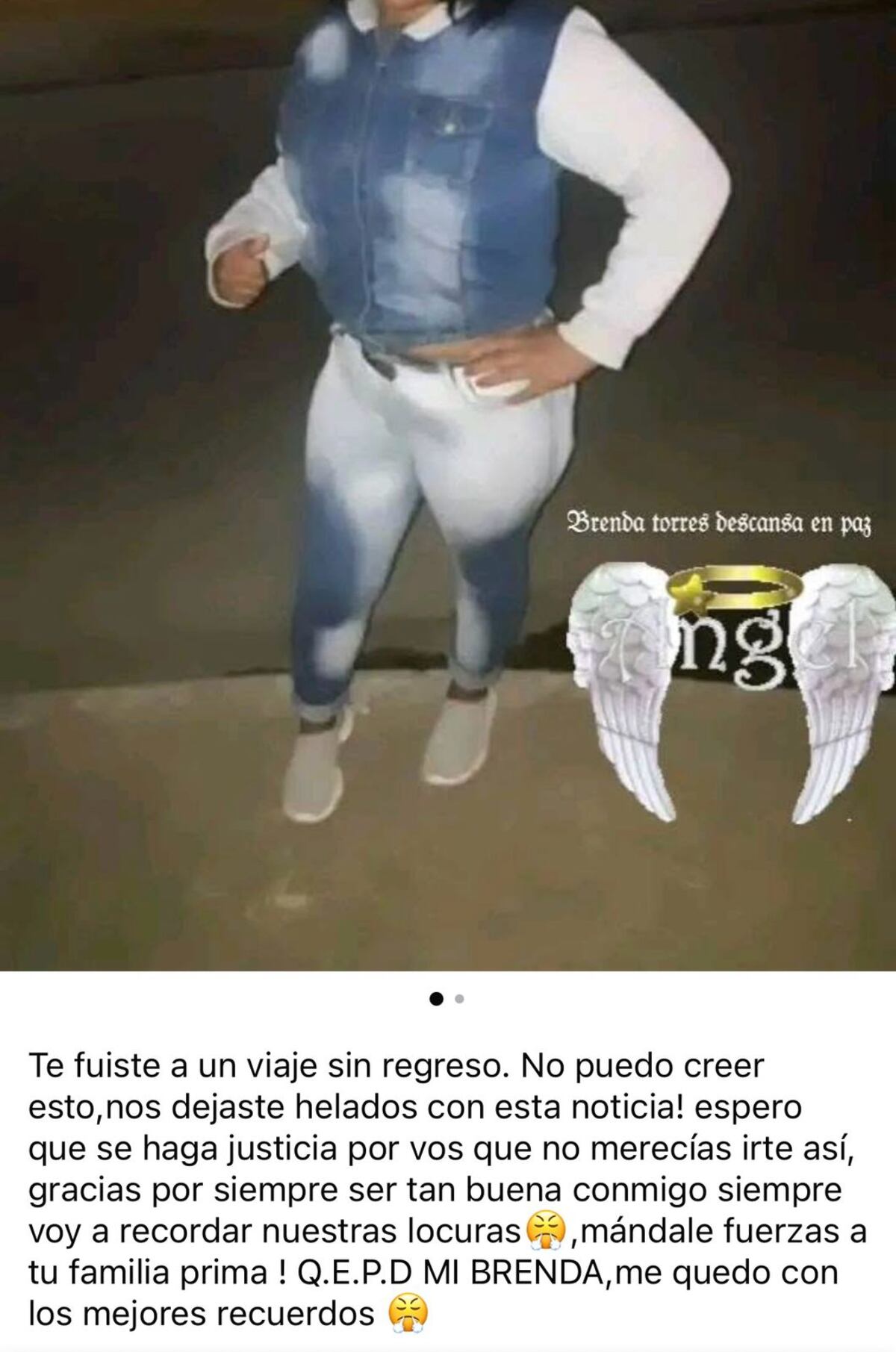 Captura de las palabras de amigos y familiares vía Facebook, acompañadas de una foto de Brenda Torres.