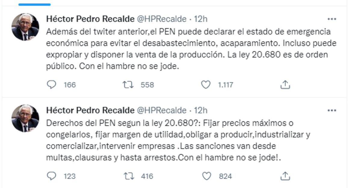 Los tuits de Héctor Recalde sobre la expropiación y la venta de mercadería. (La Voz)
