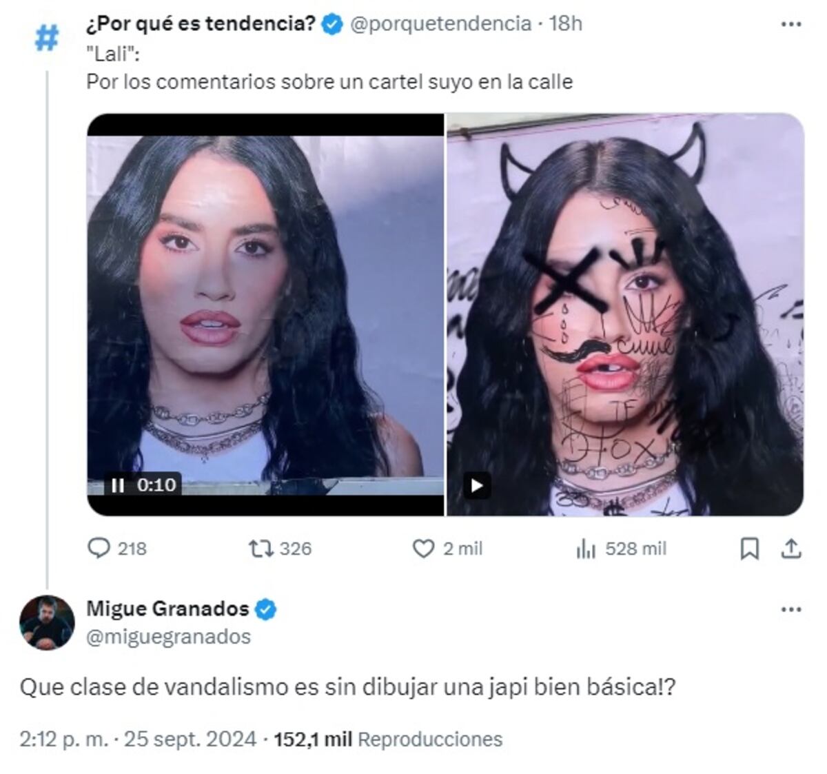 Migue Granados y su humor ácido tras la vandalización de la publicidad de Lali en Buenos Aires (Captura de pantalla)