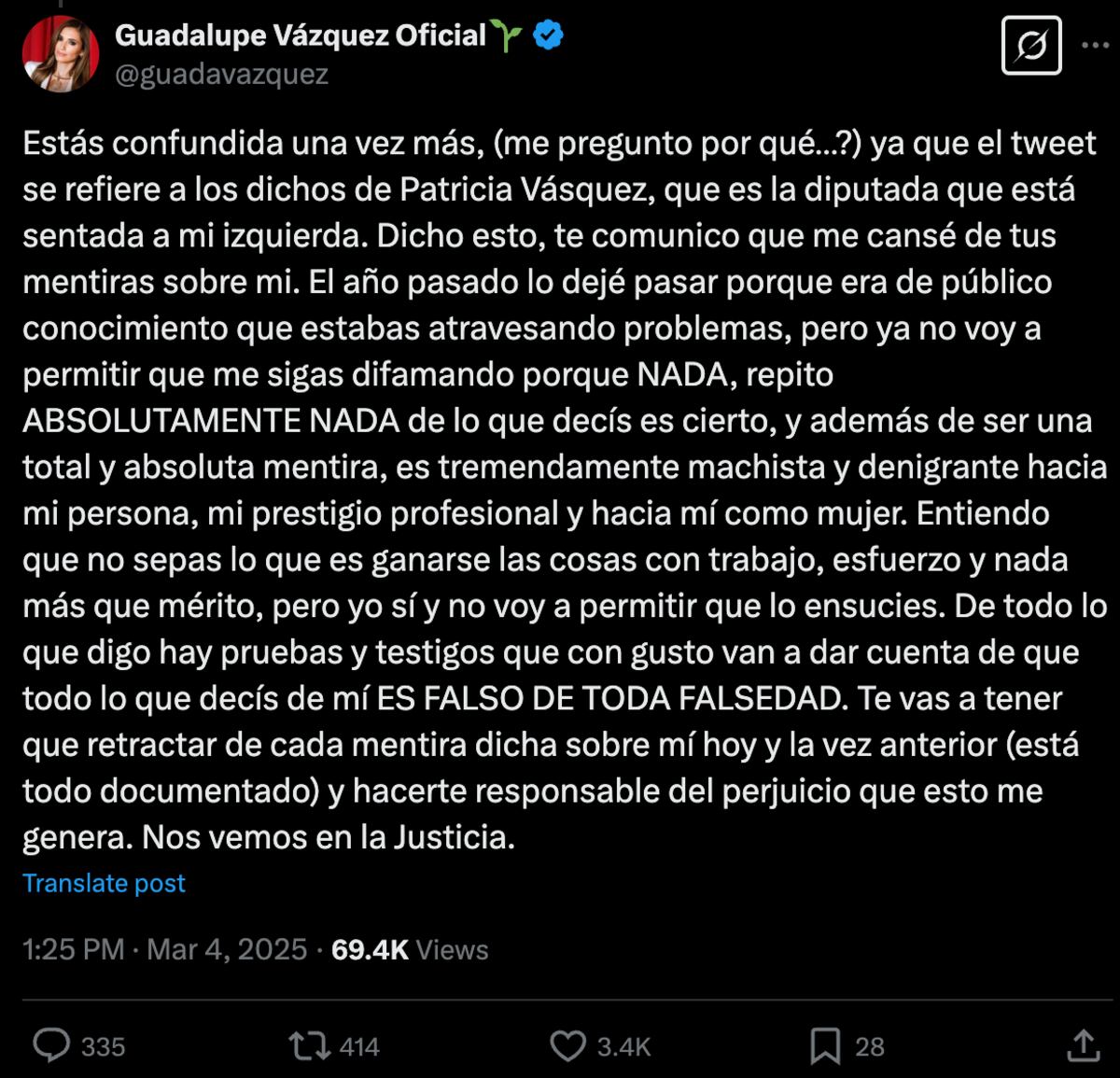 El tuit de Guadalupe Vázquez contra Esmeralda Mitre. (Foto: captura de pantalla)