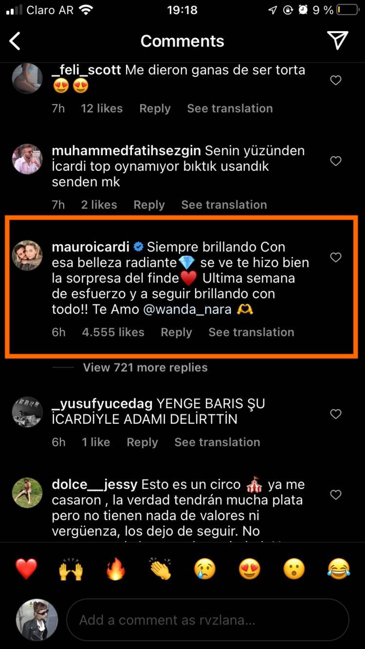 El comentario de Mauro Icardi en la publicación de Wanda Nara en Instagram.