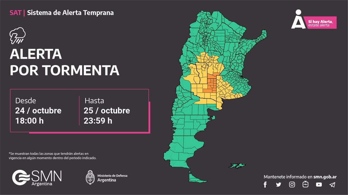 El SMN lanzó una alerta para varios departamentos de Córdoba.