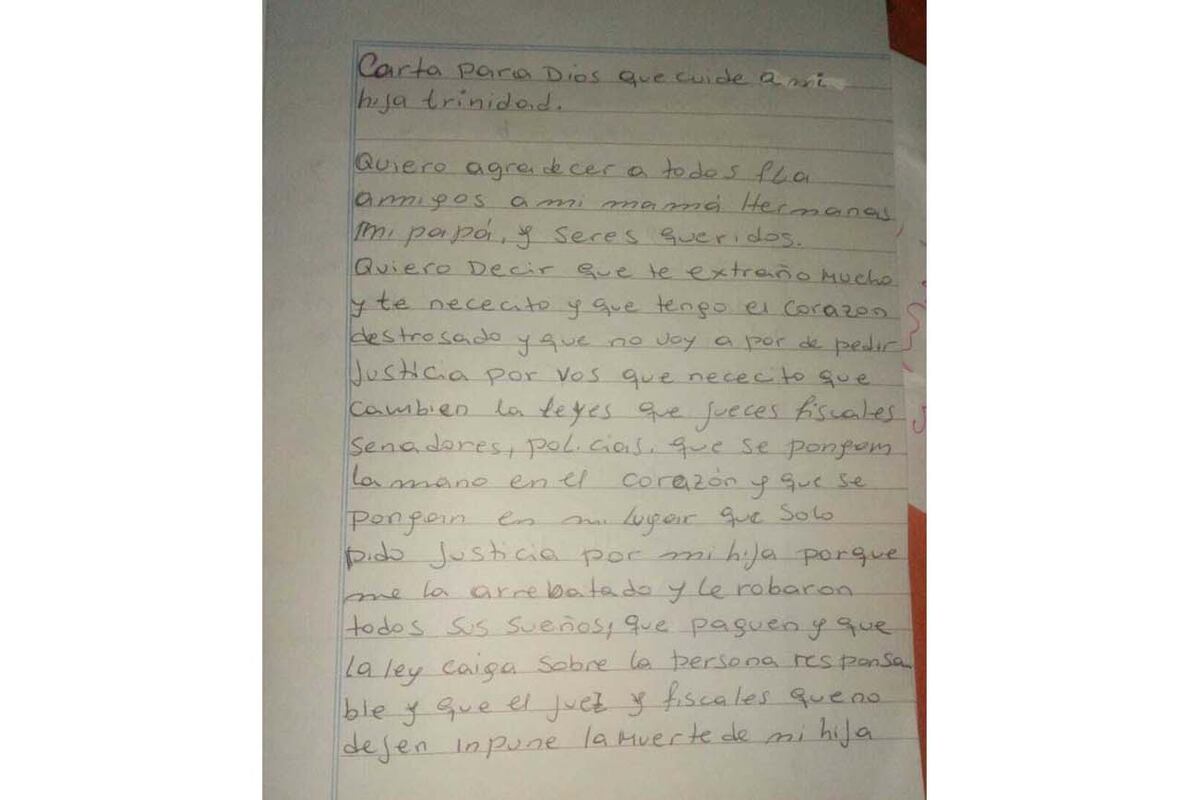 La carta que escribió para Trinidad su mamá, Sofía. (Gentileza de la familia)