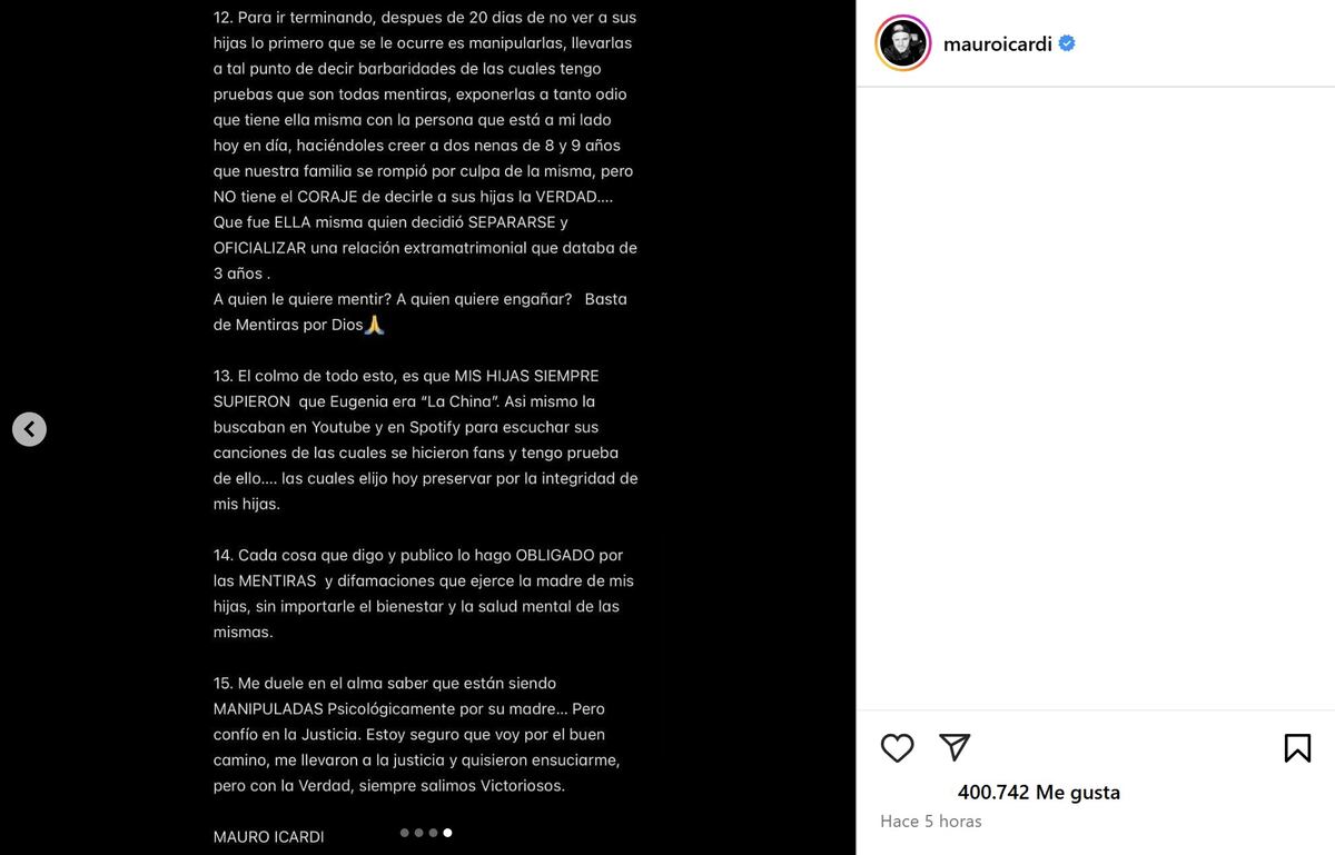 El descargo de Mauro Icardi tras blanquear su relación con China Suárez (Captura de pantalla)