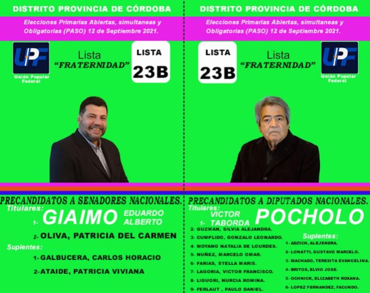 Boleta de Unión Popular Federal (Fraternidad) de Víctor Taborda y Eduardo Giaimo, para las Paso 2021