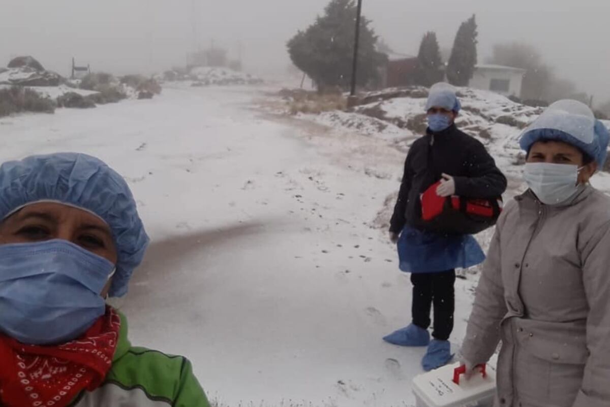 Los voluntarios que caminaron por la nieve para testear a los habitantes del cerro.