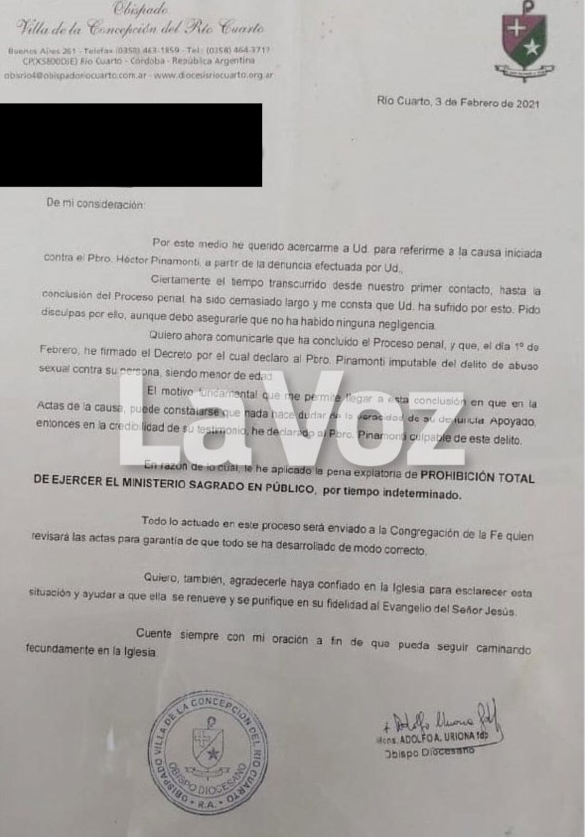 Notificación. Que le envió la Diócesis de Río Cuarto a la denunciante (Gentileza).