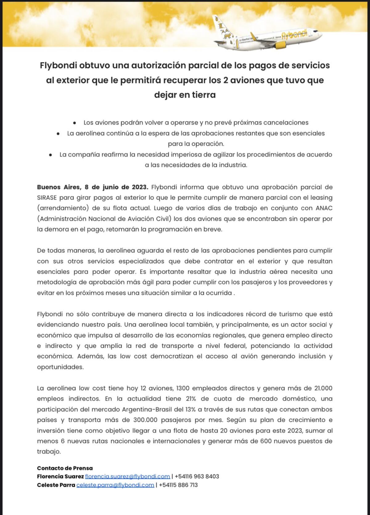 Flybondi. La empresa recupera dos aviones que habia dejado en tierra. (Flybondi)