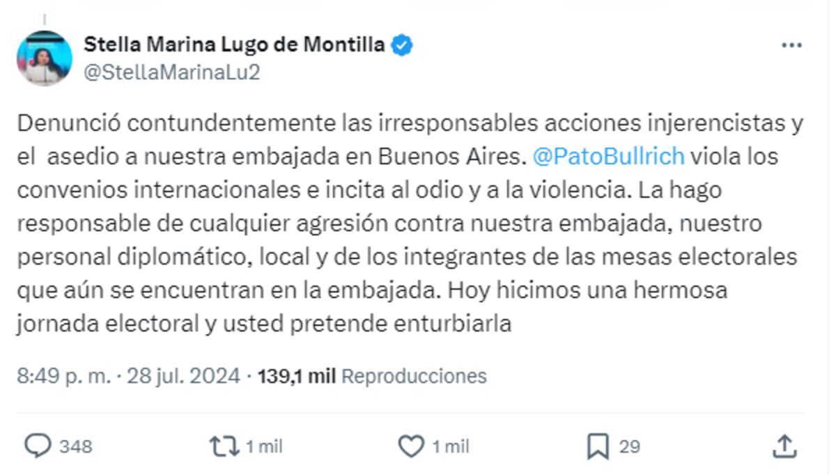 Posteo de la embajadora de Venezuela en Argentina, Stella Marina Lugo de Montilla