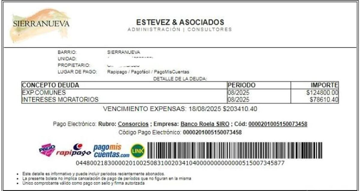 Comprobante del cobro de expensas (Gentileza: Cba24N)