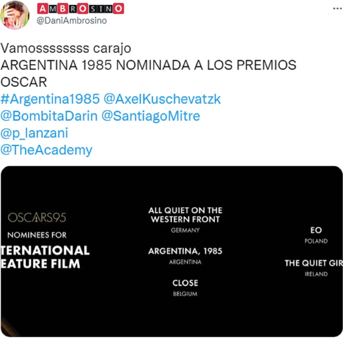 El tuit de Daniel Ambrosino celebrando la nominación de "Argentina, 1985" a los premios Oscar.