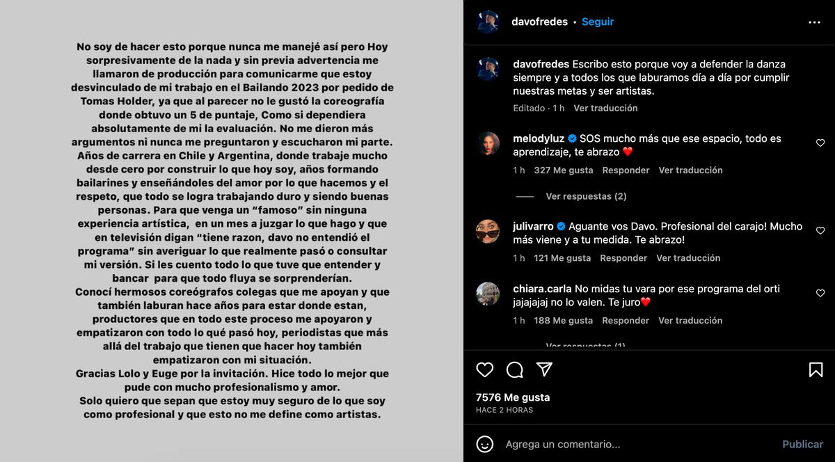 La publicación de Davo, el excoach de Tomás Holder. (foto: Captura de pantalla)
