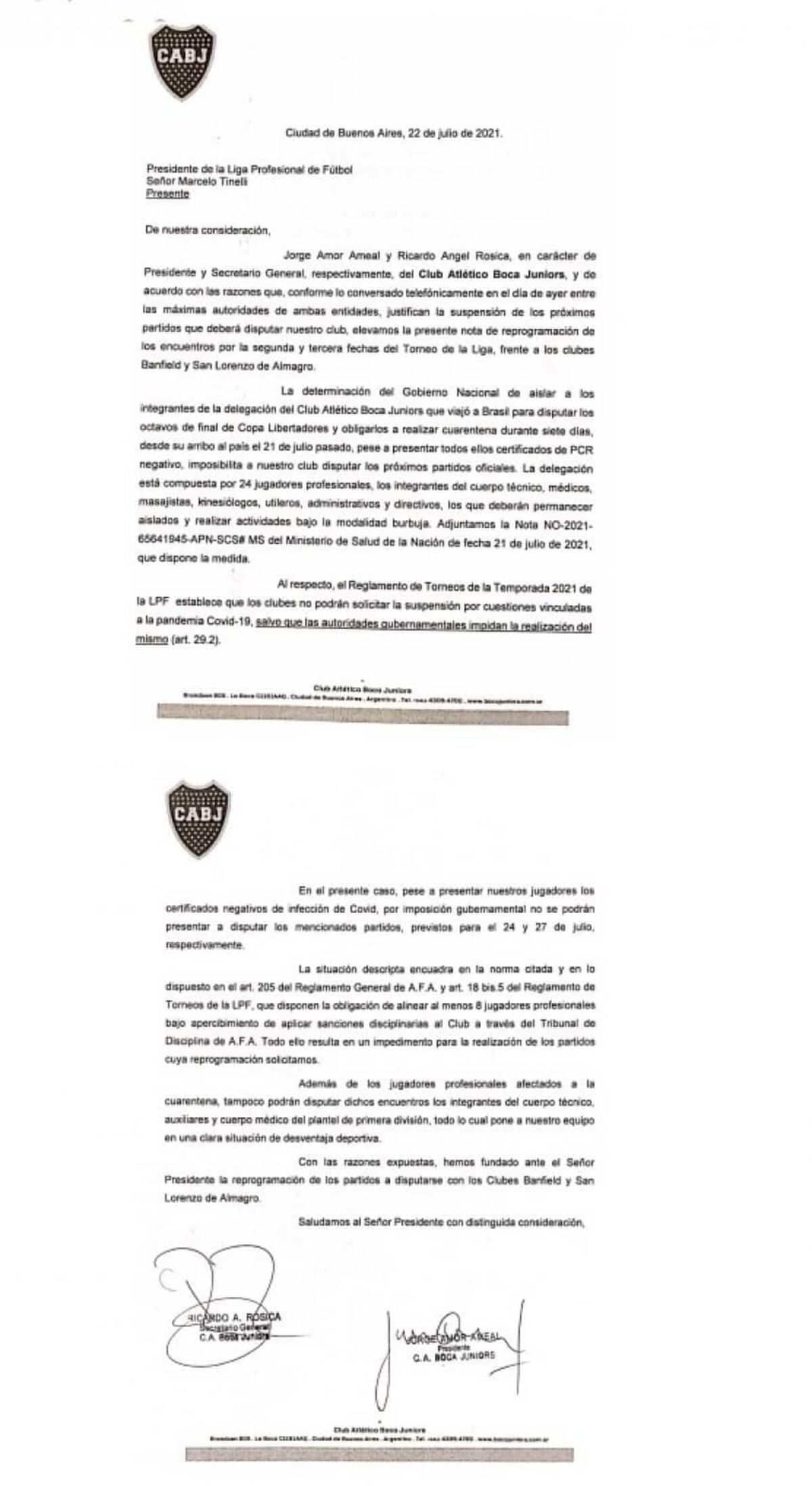 Solicitud de Boca para postergar sus juegos en la Liga Profesional. / Gentileza.