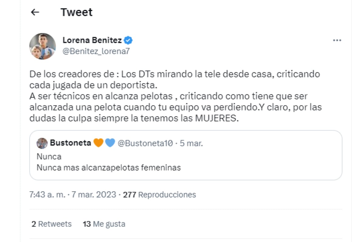 Lorena Benítez, de la selección, defendió a las alcanzapelotas (Twitter)