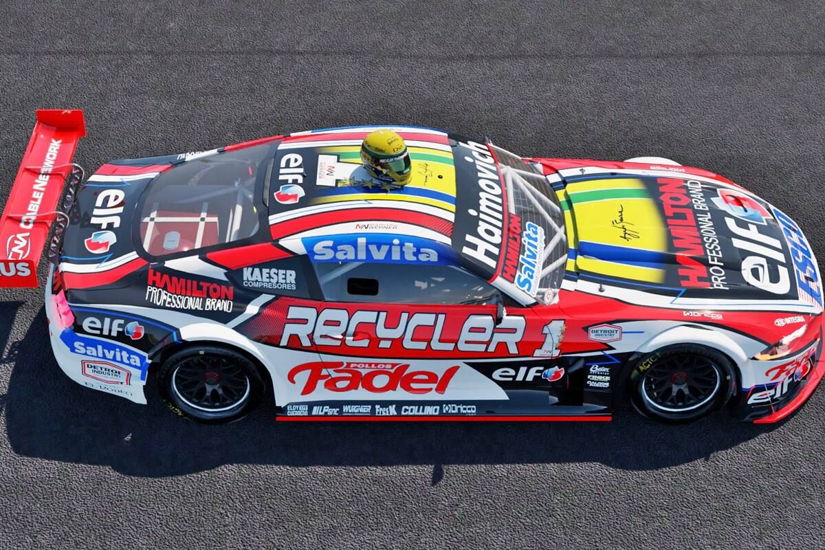 El render del diseño del auto y del casco que utilizará este fin de semana Mariano Werner para homenajear a su ídolo Ayrton Senna. (Gentileza de Bricco Design)