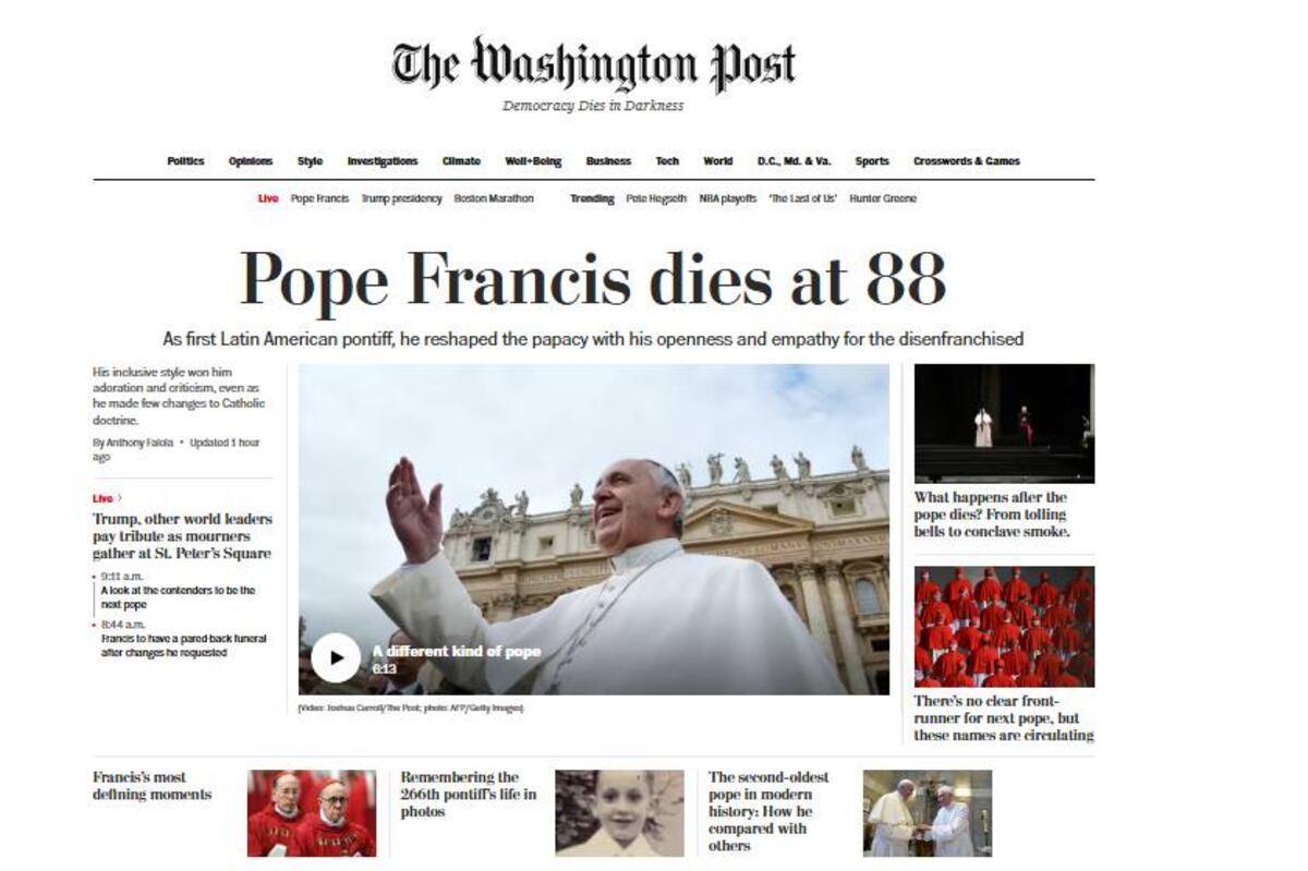 The Washington Post. Los portales del mundo se hicieron eco de la muerte del Papa Francisco.