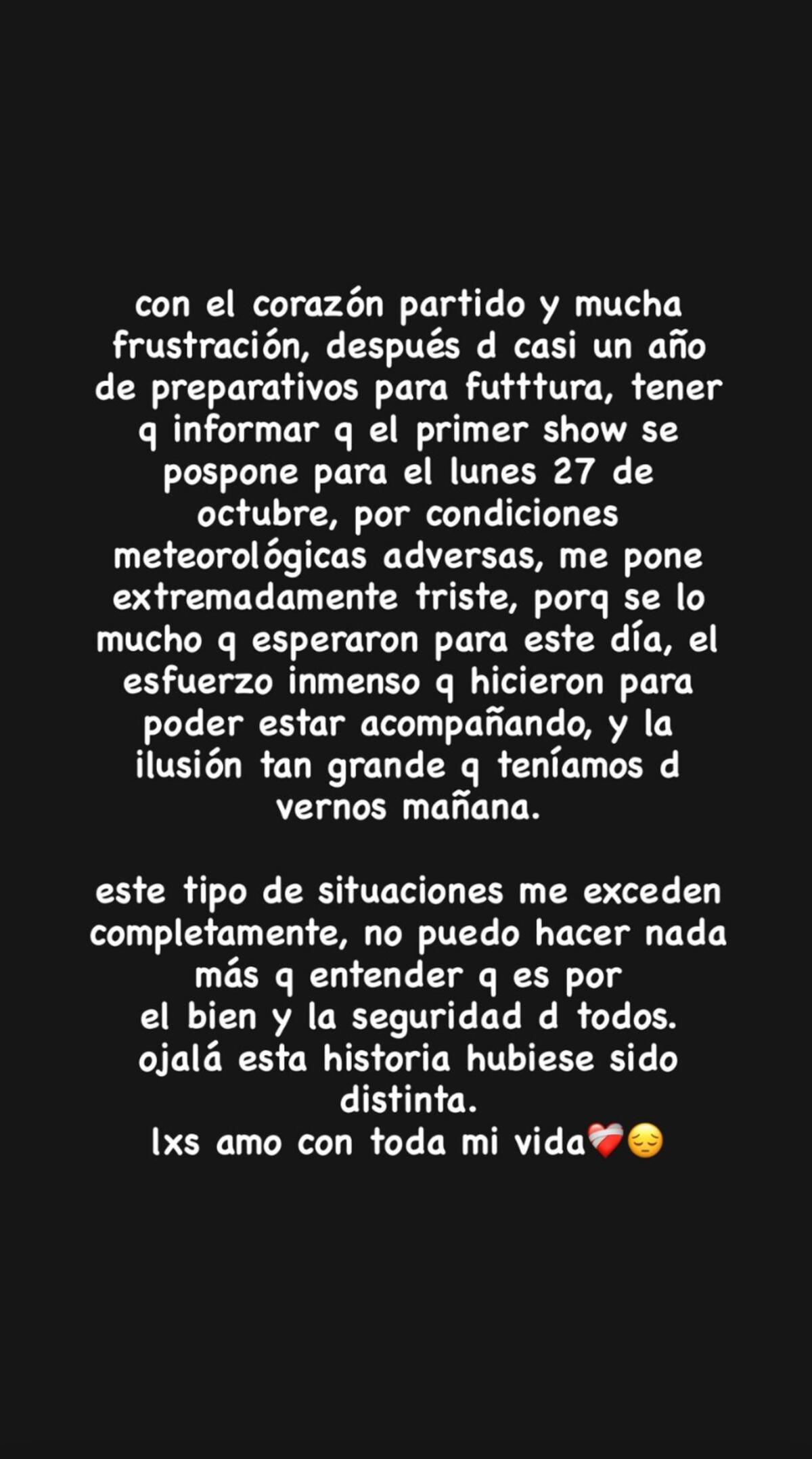 La publicación de Tini Stoessel tras la suspensión de la primera fecha de su festival "FUTTTURA". (Foto: Captura de pantalla)
