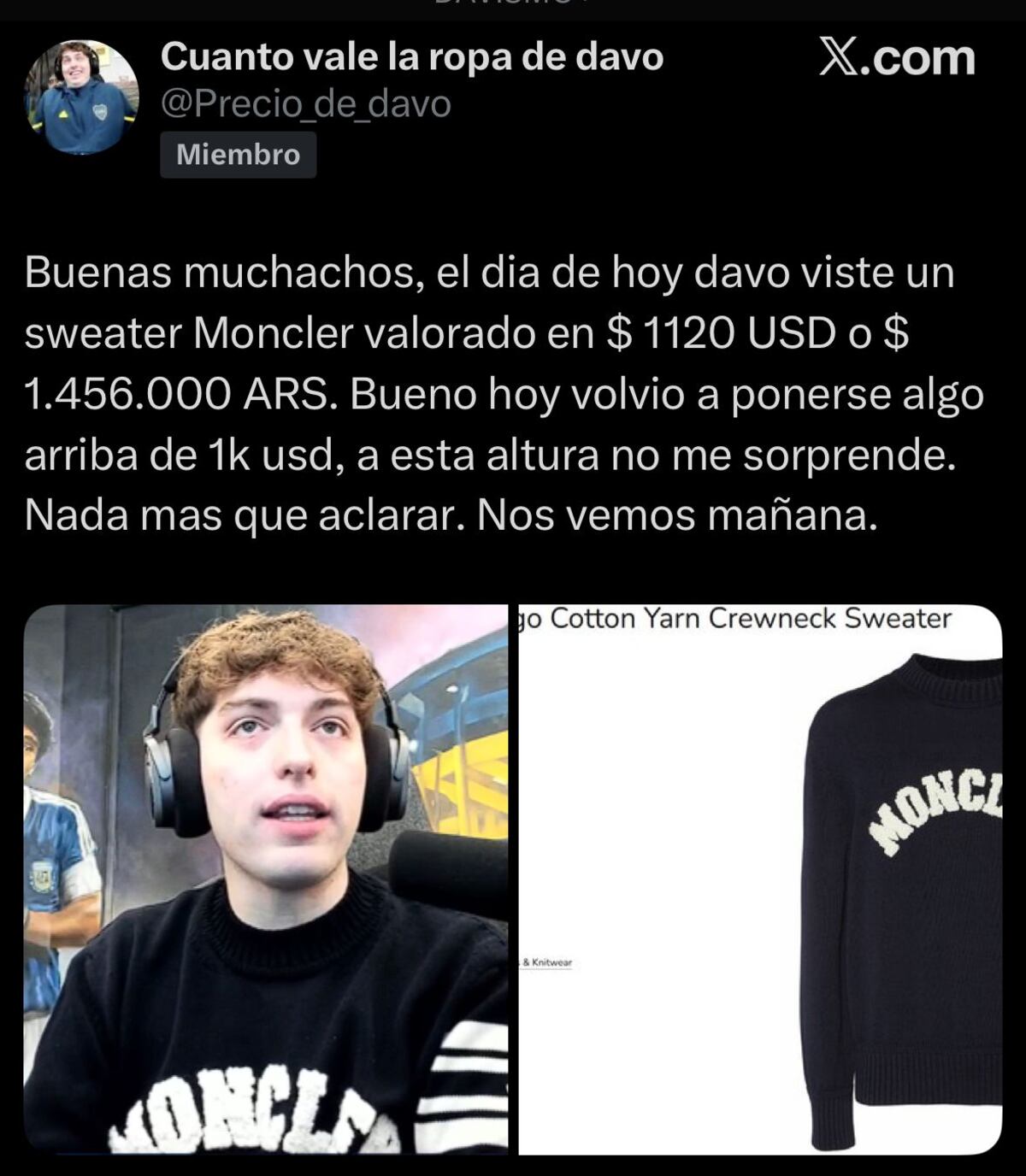 En dólares: cuánto sale la ropa que utiliza Davo Xeneize en sus transmisiones de streaming