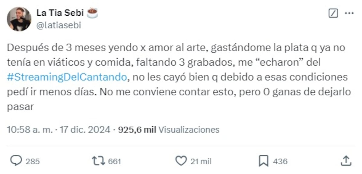El descargo de Tía Sebi al salir del streaming del Cantando (Captura de pantalla)