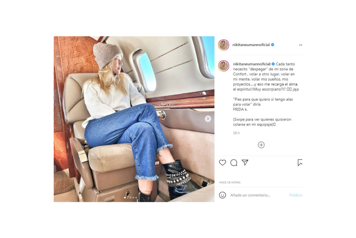 Nicole Neumann viajando al sur en avión privado (Instagram).