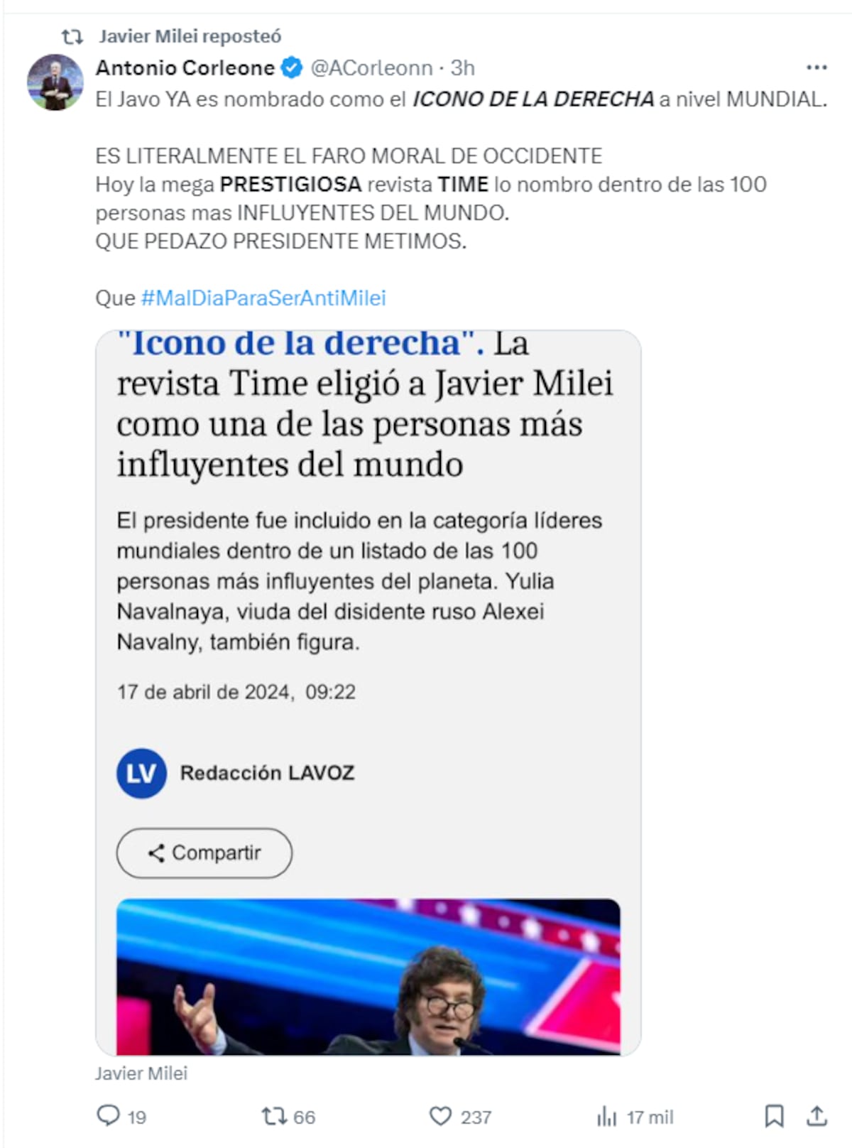Milei celebra en redes ser una de las personas más influyentes.