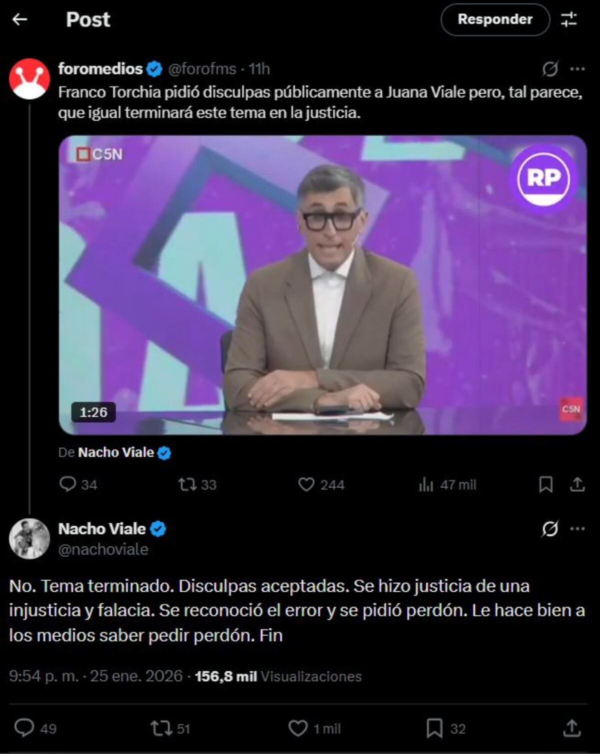 Nacho Viale respondió al pedido de disculpas de Franco Torchia. (Foto: captura de pantalla)
