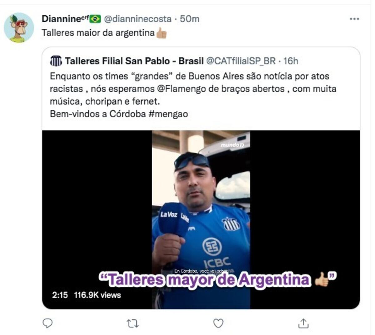 La hinchada de Flamengo elogiando a la de Talleres en redes sociales.