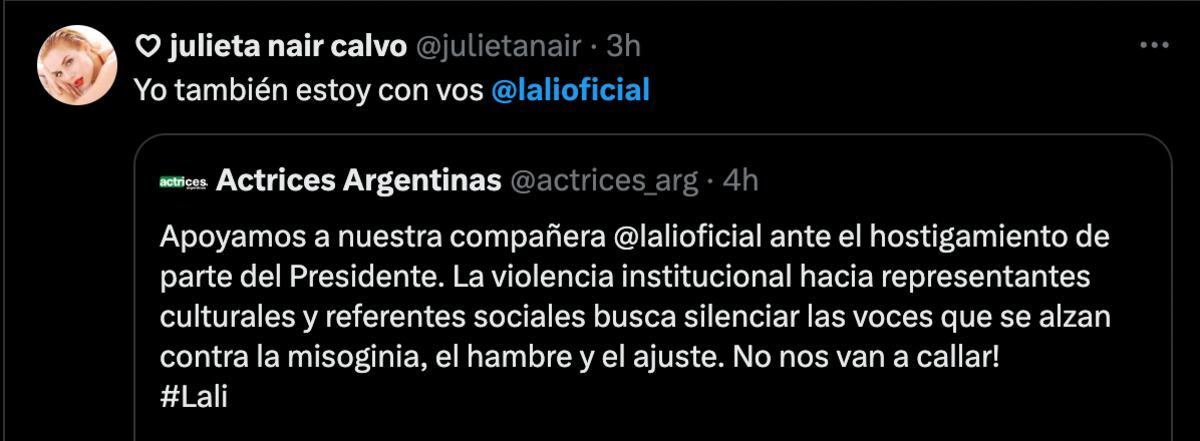 Julieta Nair Calvo bancó a Lali. (Foto: captura de pantalla de X)