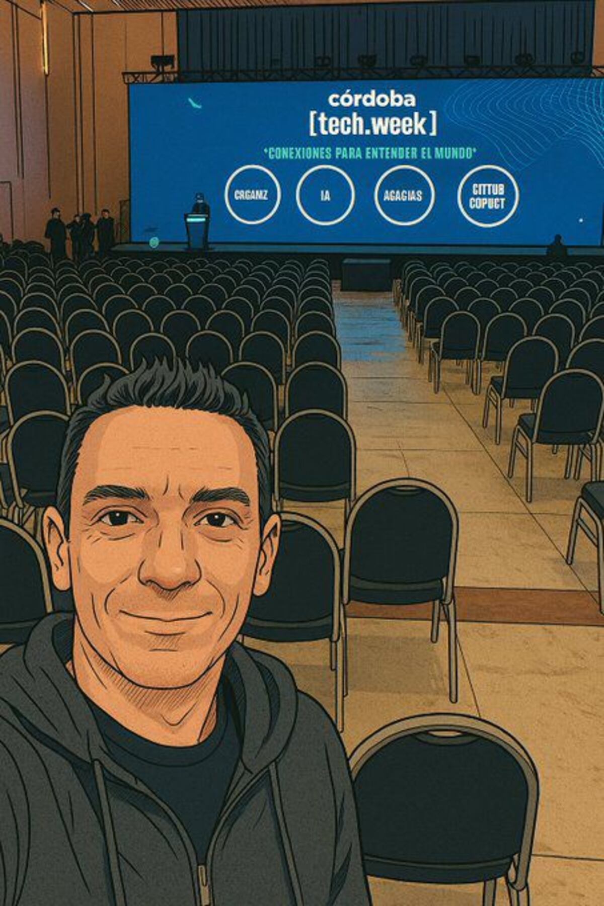 Bruno Capuano registró de esta manera la previa a su charla en Córdoba Tech Week. (Cuenta de Capuano en X.com)