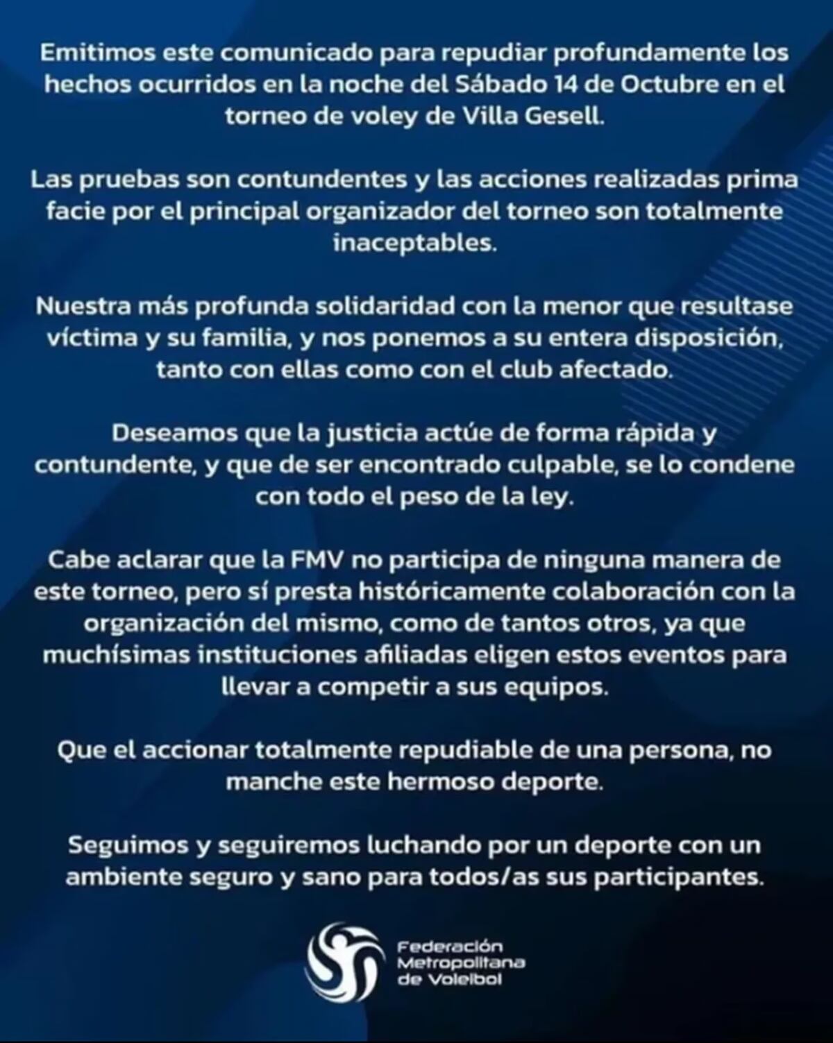 El comunicado de la Federación Metropolitana de Voleibol.