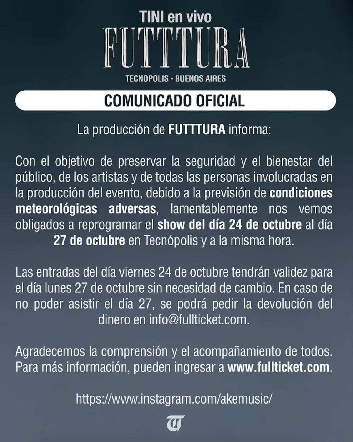 La publicación de la productora tras la suspensión de la primera fecha del festival "FUTTTURA" de Tini Stoessel. (Foto: Captura de pantalla)