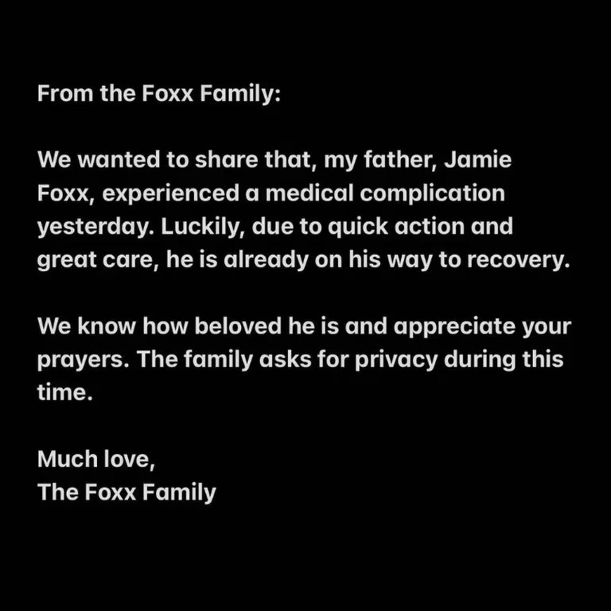 El comunicado de la familia Foxx tras la internación de Jamie (Instagram)