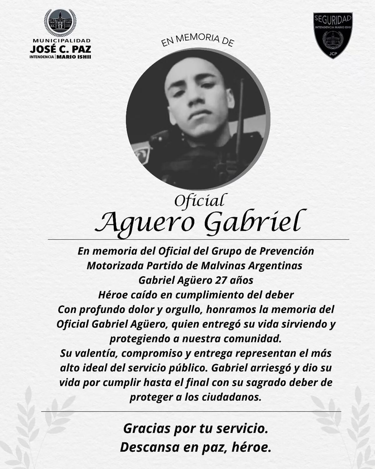 El mensaje del municipio luego del fallecimiento. (Gentileza)