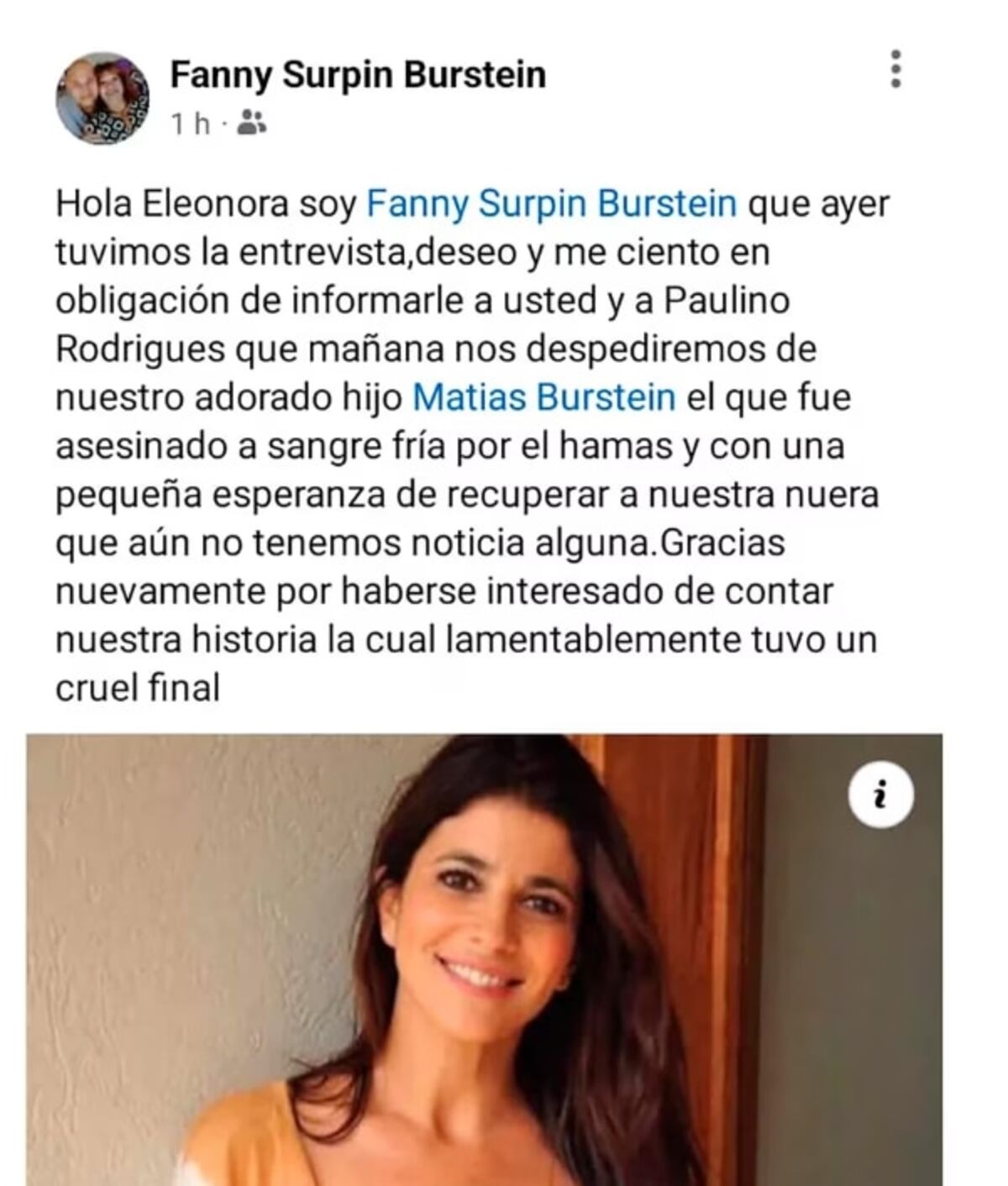 Publicación de Facebook de Fanny Burstein en la que le escribe a la periodista Eleonora Cole para confirmarle el asesinato de su hijo