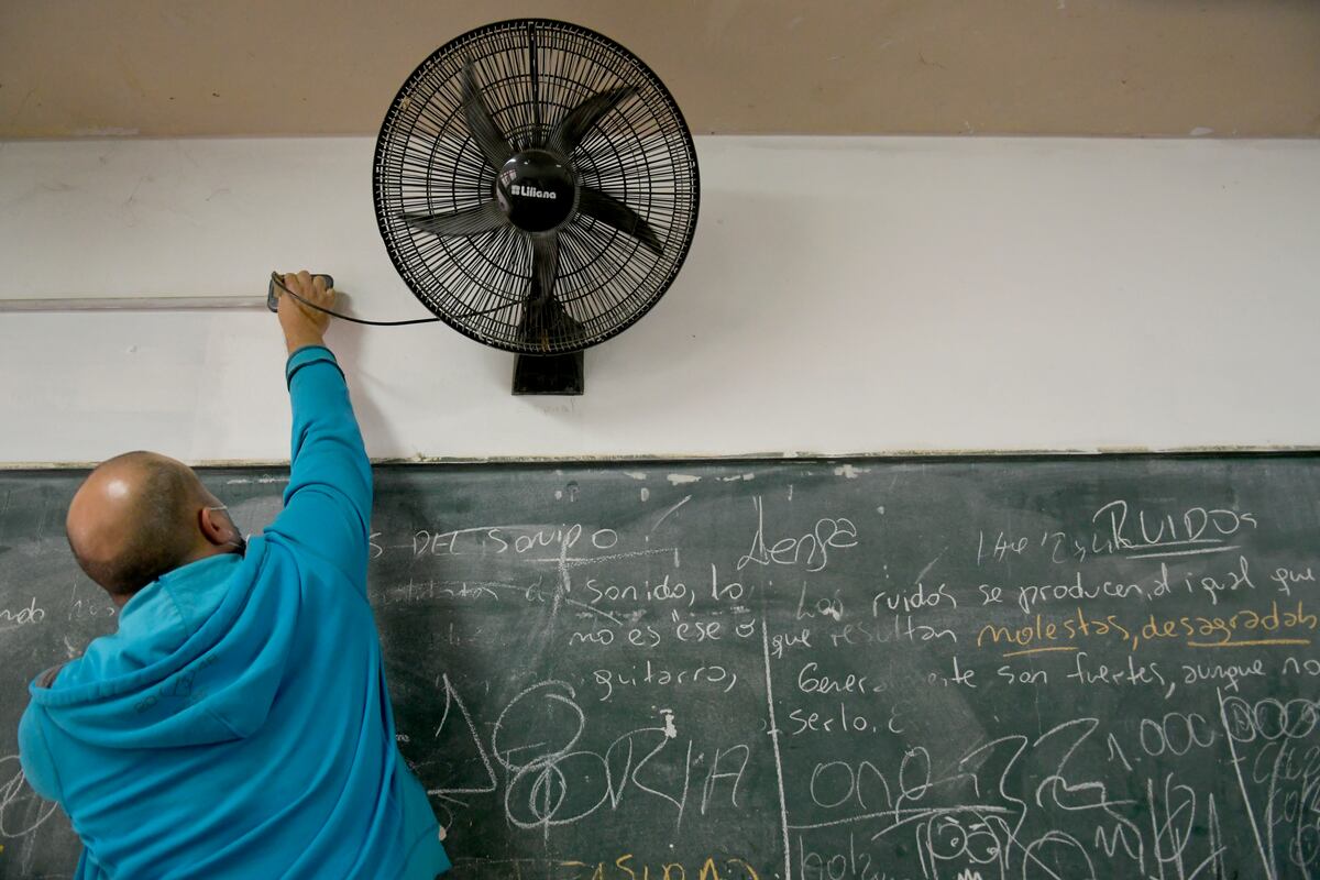 Mendoza 25 de Noviembre 2020  SociedadRetorno a las Clases Presenciales. Las escuelas, colegios , institutos y Universidades se preparan para el retorno a las clases presencialesEn la foto Celadores del Colegio Vicente Zapata limpian los cursos, cocina, patios y aulasventilador viento calorcelador, clase, edcuacion, paritaria, docente, celadora tiempo, distanciamiento social, clima, frio , calor, verano, primavera , fila, banco, centrico, coronavirus, covid19 , pandemia, Foto: Orlando Pelichotti / Los Andes