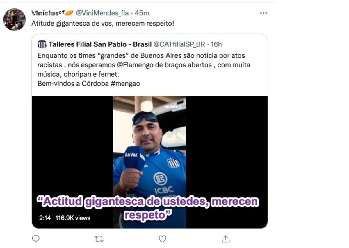 La hinchada de Flamengo elogiando a la de Talleres en redes sociales.