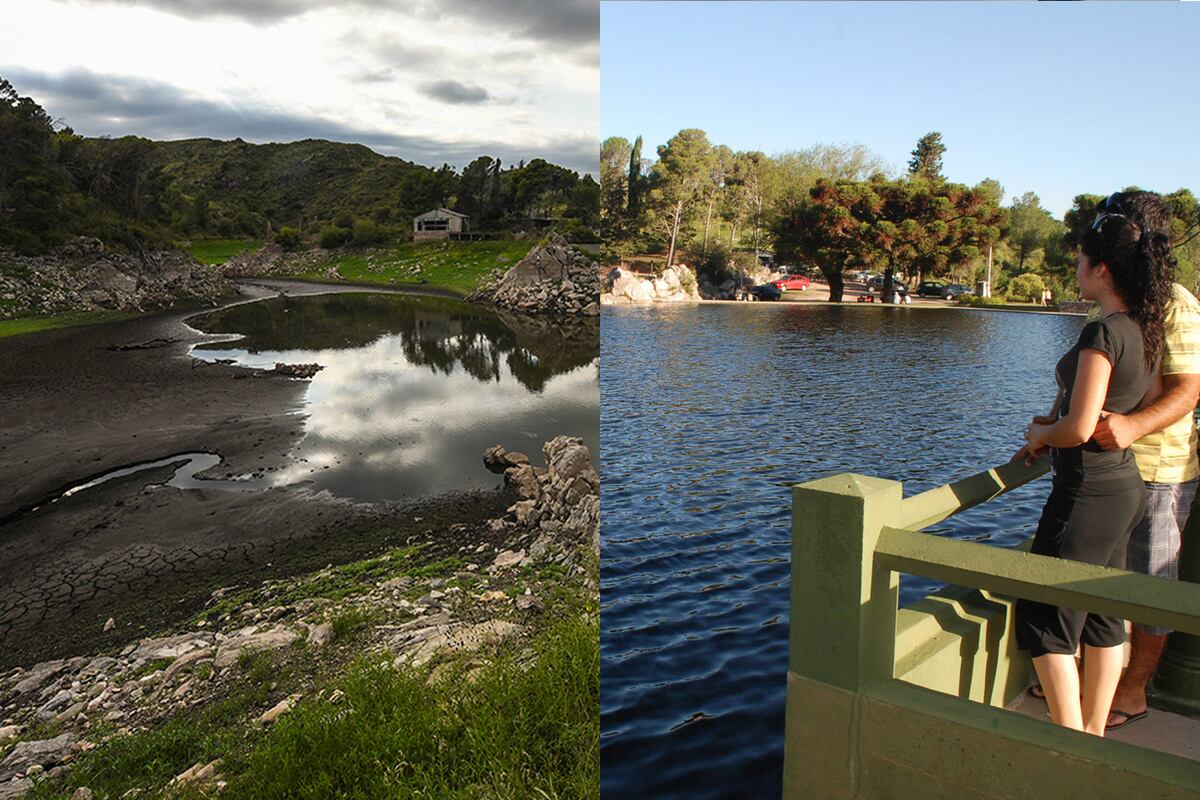Dique San Jerónimo, La Cumbre. Antes y después de la sequía extrema que vive Córdoba. (Fotomontaje Martín Ferraro / La Voz)