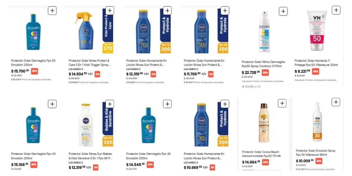 Los precios de los protectores solares en los supermercados en enero 2026.